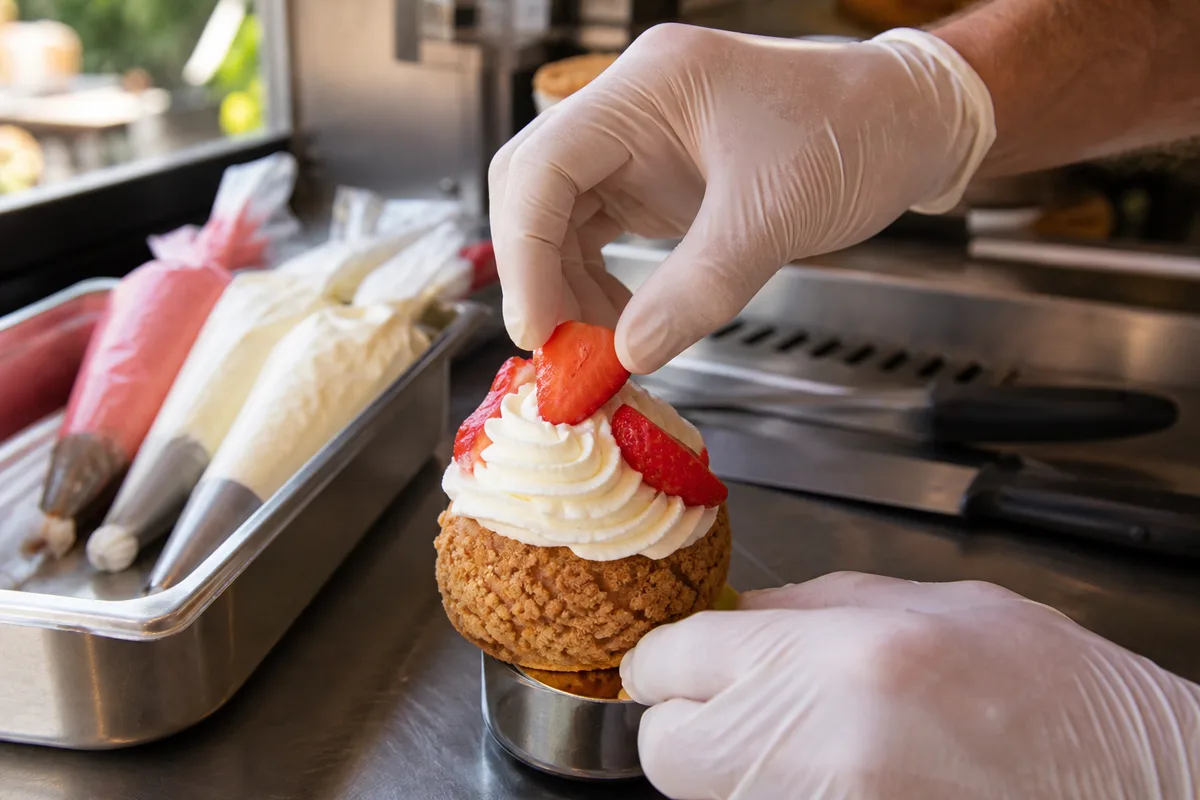 Plan de travail en inox dans un food truck avec ustensiles de pâtisserie rangés et poste de dressage