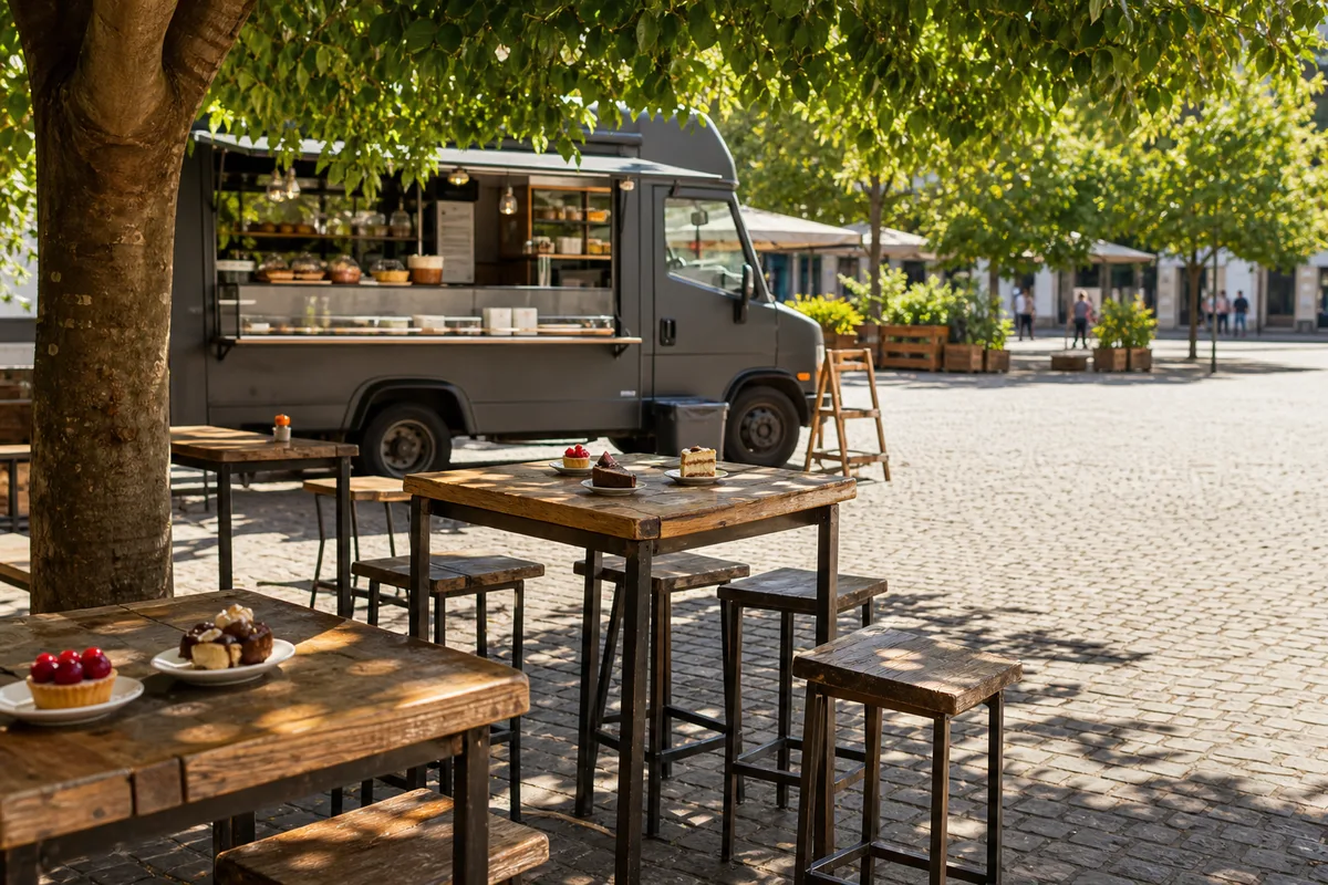 Tables et bancs extérieurs installés près d’un comptoir de food truck sur une place ensoleillée