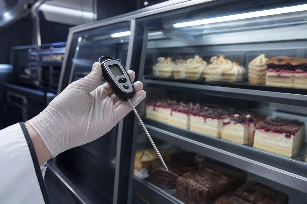 Contrôle de température d’une vitrine réfrigérée dans un food truck à l’aide d’un thermomètre professionnel