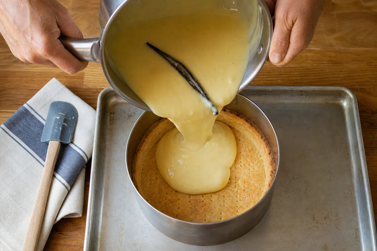 Appareil à flan crémeux versé à la louche dans un fond de tarte, cuisine familiale française