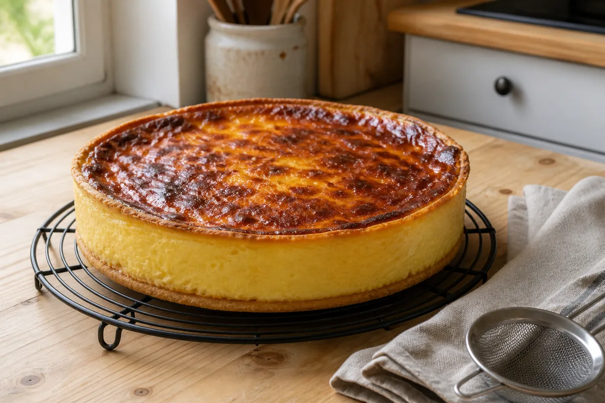 Flan pâtissier doré aux taches brunes refroidissant sur une grille, plan de travail en bois clair