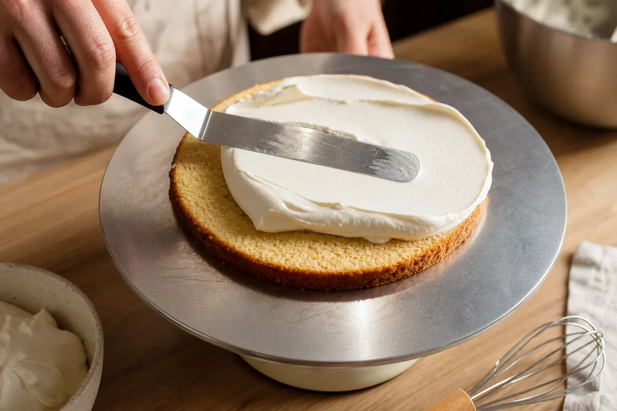 Crème étalée à la spatule sur un disque de biscuit doré, cuisine familiale lumineuse en arrière-plan