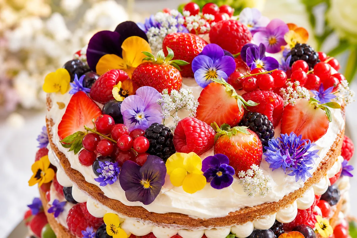 Fleurs comestibles fraîches et fruits rouges disposés sur le dessus d’un gâteau à étages, gros plan
