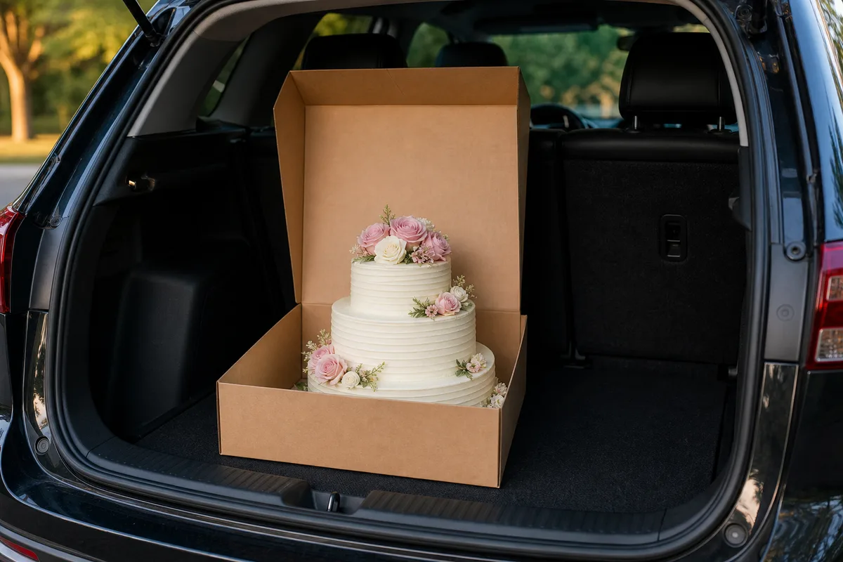 Gâteau à étages posé à plat dans une boîte de transport rigide à l’arrière d’un coffre de voiture
