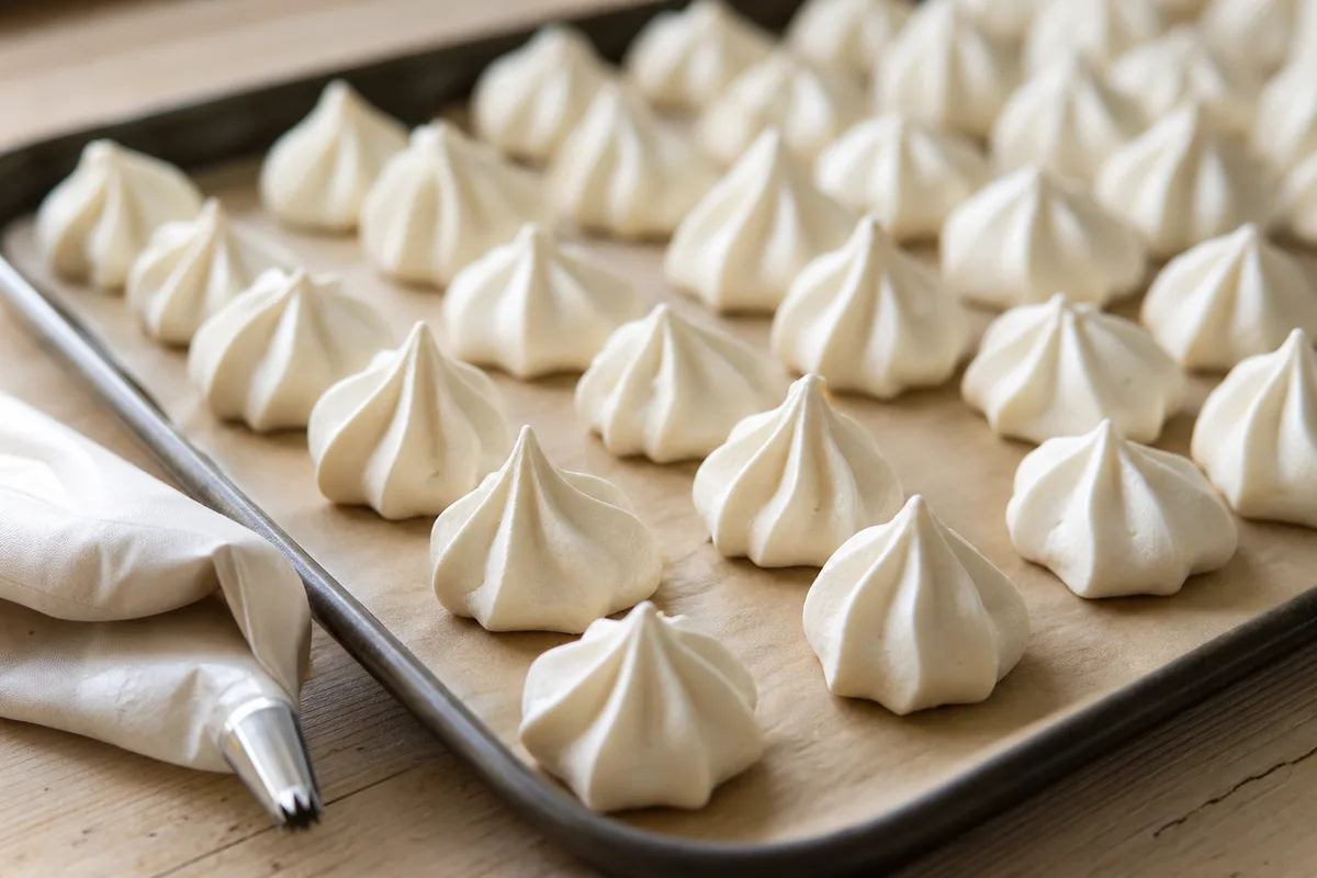 Petites meringues françaises pochées et séchées au four sur une plaque tapissée de papier cuisson