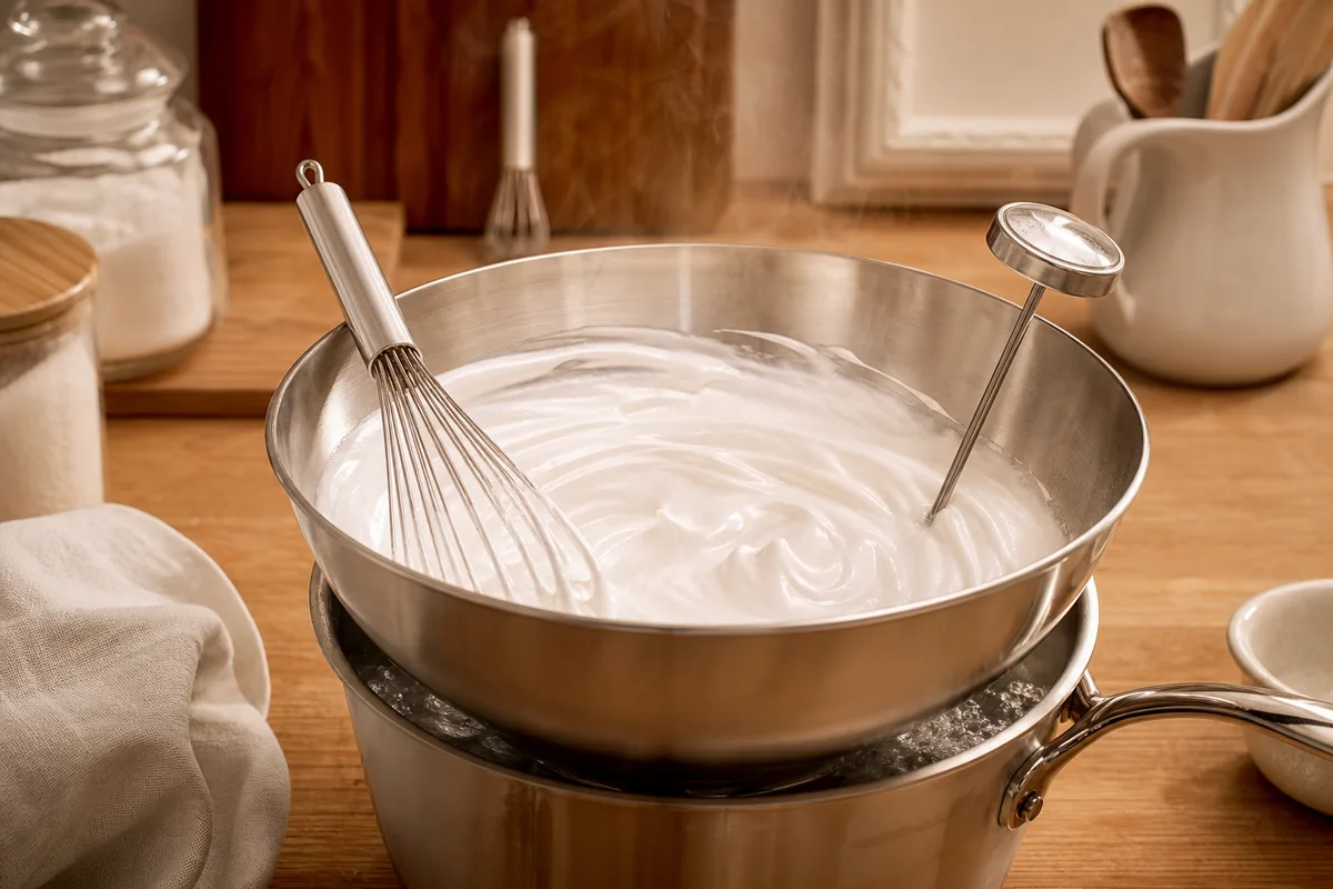 Meringue suisse brillante fouettée dans un bol en inox posé sur un bain-marie avec un thermomètre de cuisson