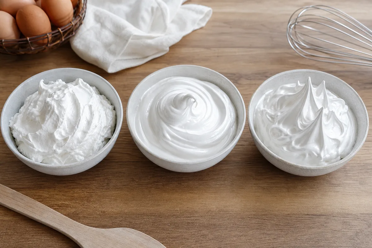 Trois meringues côte à côte dans des bols en céramique montrant leurs textures, française mate, suisse brillante et italienne nacrée
