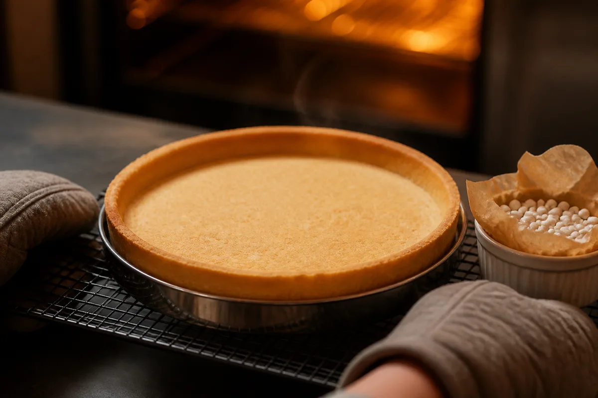 Fond de tarte sablée doré sortant du four, billes de cuisson retirées, posé sur une grille