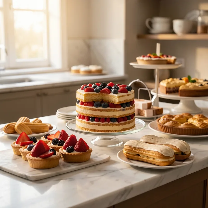 Layer cake nappé de crème au beurre, garni de fruits rouges et de copeaux de chocolat, sur un plan de travail fariné